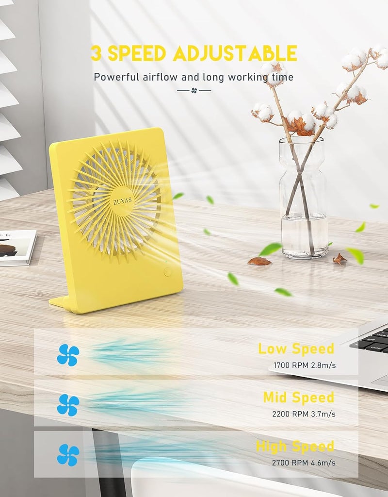 Zuvas Desk Fan Battery Operated Fan Rechargeable 180°Tilt Folding Personal Fan Ultra Quiet Small Portable 3 Speed Adjustable Strong Wind Fan For Office Bedroom Home Desktop Camping (Yellow) - Image 3